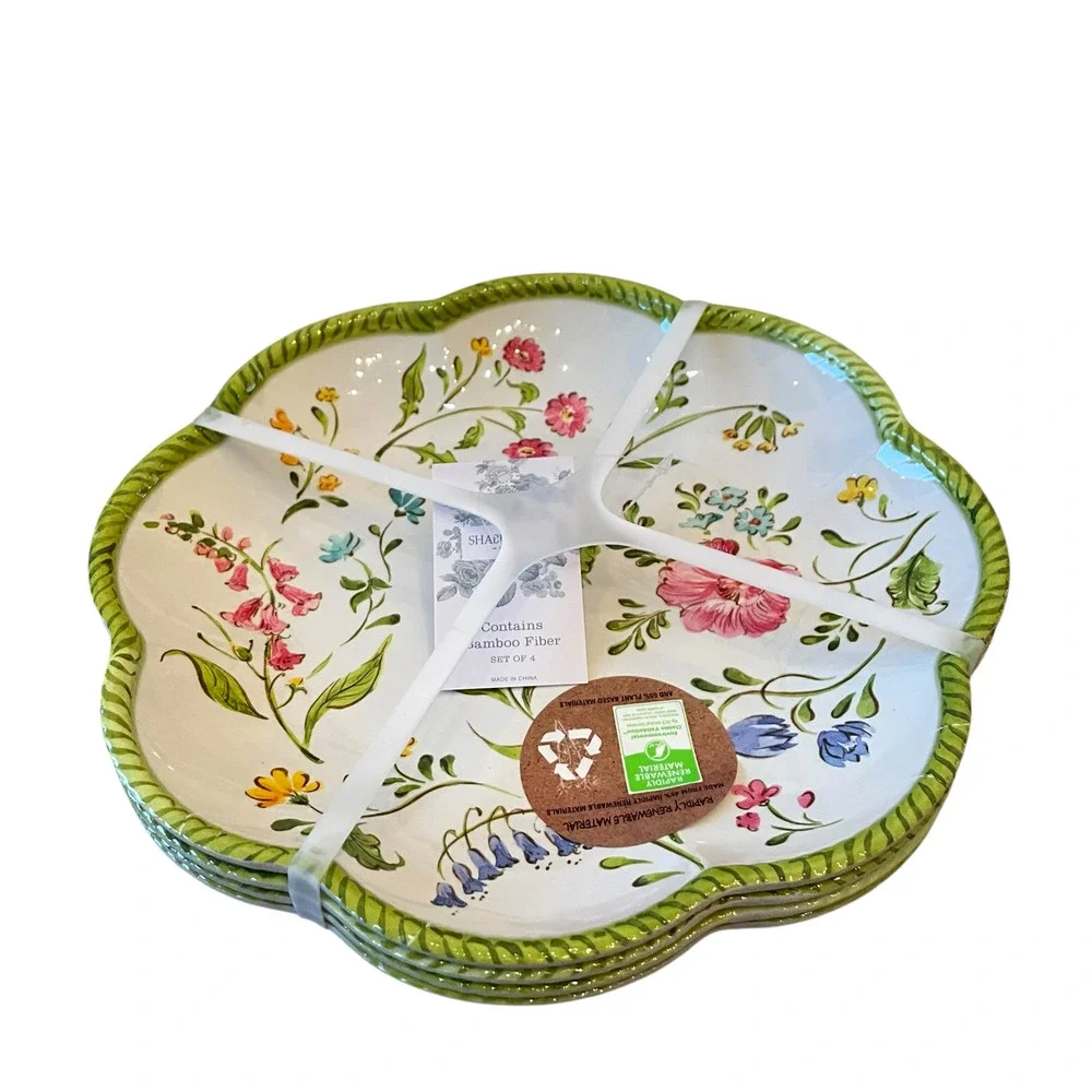NEW Shabby Chic Floral Melamine Salad Plates 9in Set of 4 Scalloped Green Border